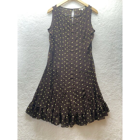 Sandra Darren Brown & Green Polka Dot Pleated Sleeveless Sheer Mini Dress 10P - Picture 1 of 9
